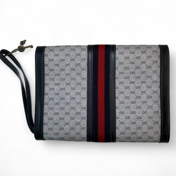 GUCCI Shelly Line Grey and Navy Blue Monogram Canvas Clutch w Stripes, Unisex - Picture 2 of 16